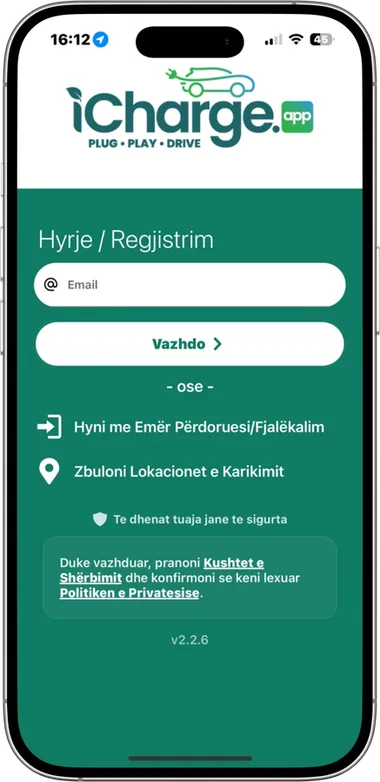 Ekrani i hyrjes me email dhe butonin Vazhdo